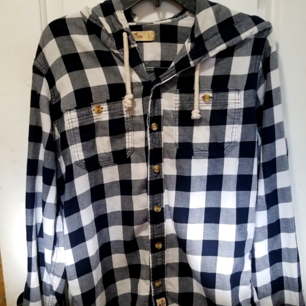 Hollister - Flannel hoodie, Size - L(M) - white with black/grey pattern